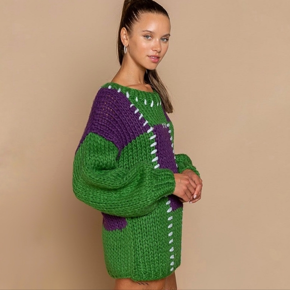 POL Clothing | Purple & Green Mardi Gras Oversized Patchwork Sweater | Small - Picture 3 of 10
